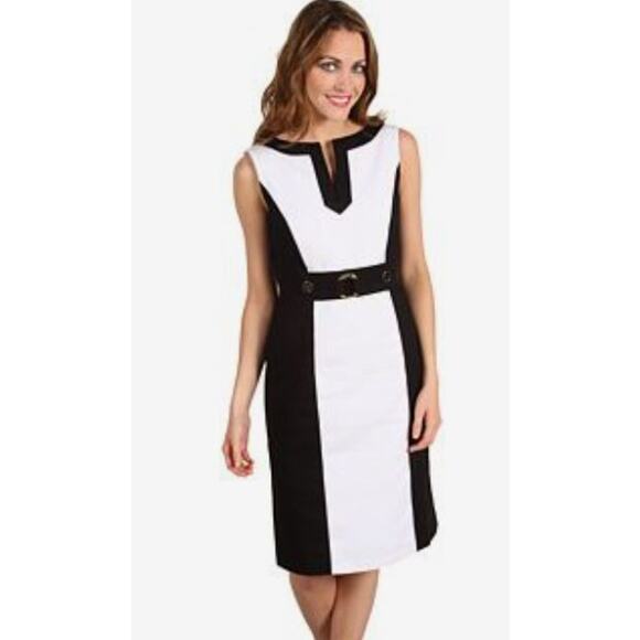 Tahari by ASL Waffle Cotton Colorblock Sheath Dress W Metal Waist Detail Size 10 - Picture 10 of 10